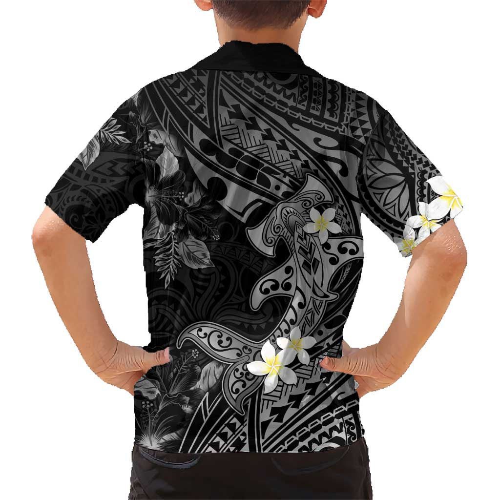 Polynesia Hammerhead Shark Hawaiian Shirt Tropical Flowers Tribal Pattern Black