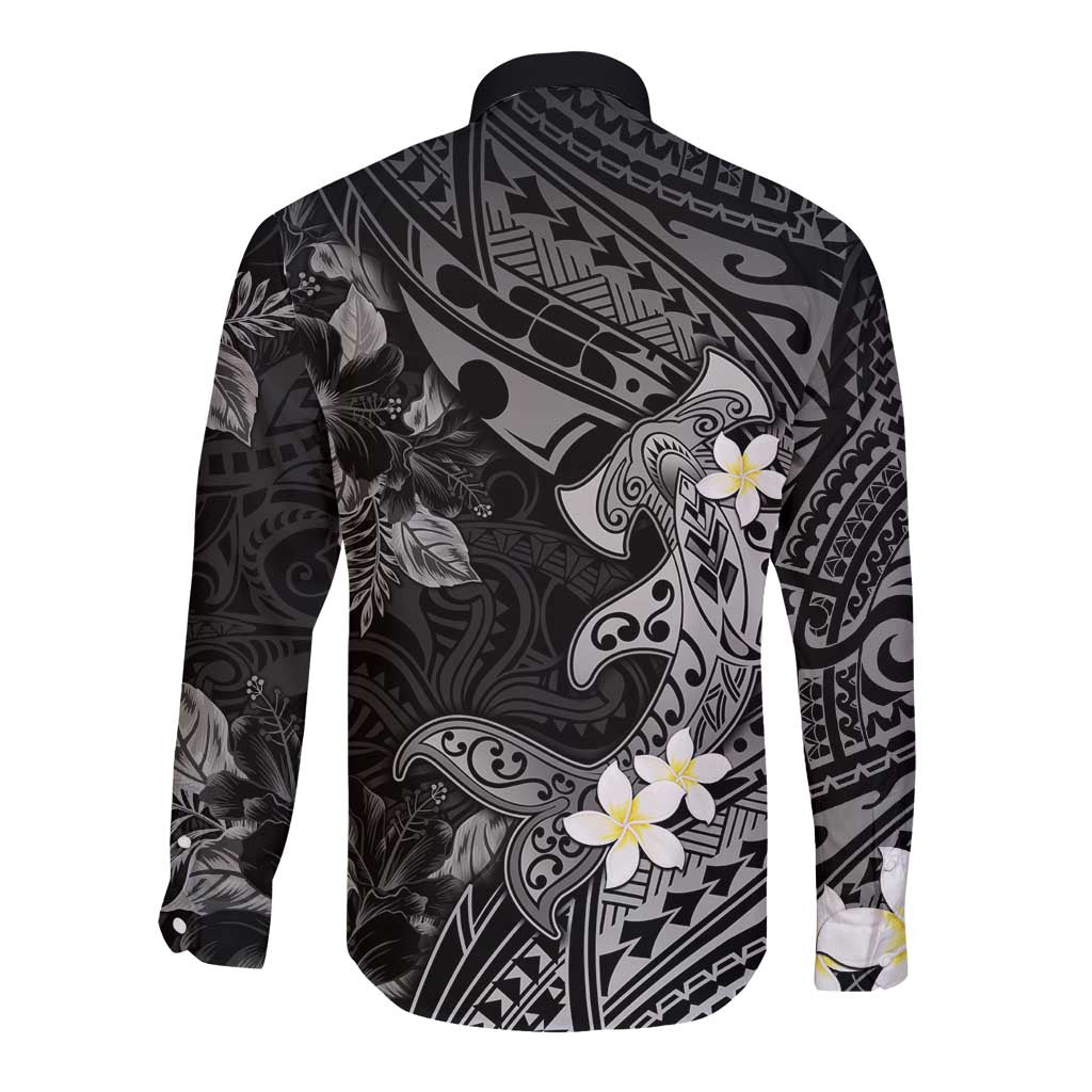 Polynesia Hammerhead Shark Long Sleeve Button Shirt Tropical Flowers Tribal Pattern Black LT05 - Polynesian Pride