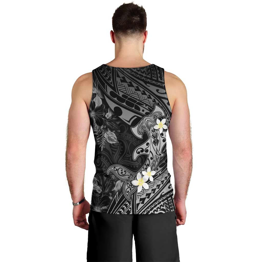 Polynesia Hammerhead Shark Men Tank Top Tropical Flowers Tribal Pattern Black