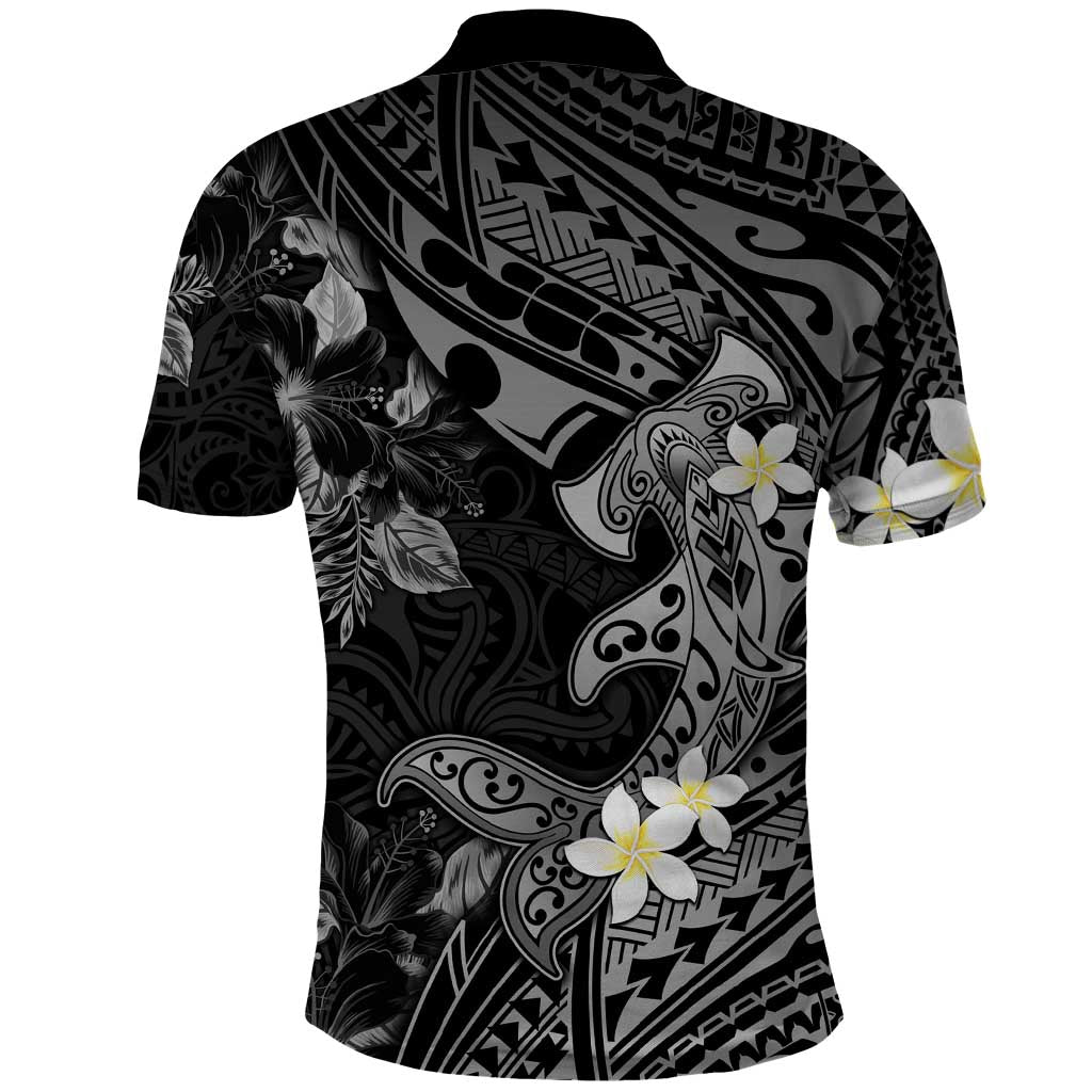 Polynesia Hammerhead Shark Polo Shirt Tropical Flowers Tribal Pattern Black