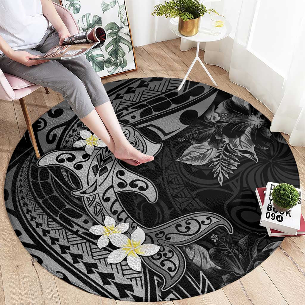 Polynesia Hammerhead Shark Round Carpet Tropical Flowers Tribal Pattern Black LT05 - Polynesian Pride