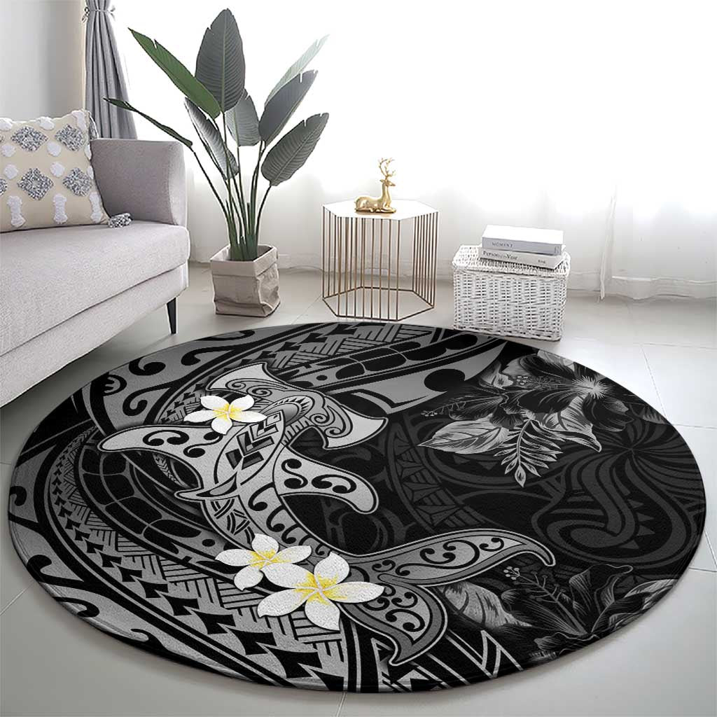 Polynesia Hammerhead Shark Round Carpet Tropical Flowers Tribal Pattern Black LT05 - Polynesian Pride