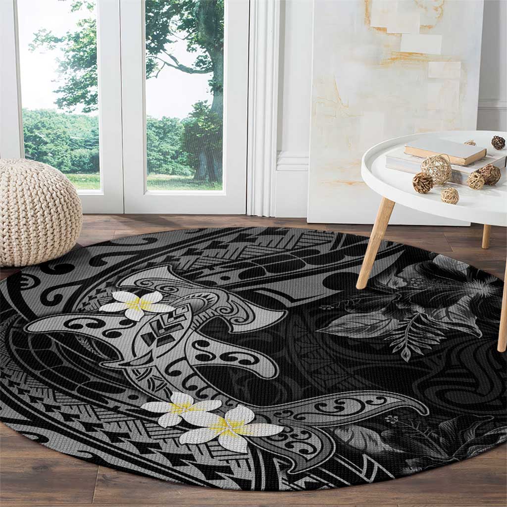 Polynesia Hammerhead Shark Round Carpet Tropical Flowers Tribal Pattern Black LT05 - Polynesian Pride