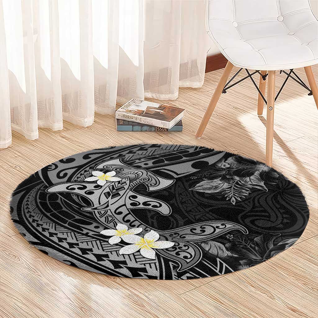 Polynesia Hammerhead Shark Round Carpet Tropical Flowers Tribal Pattern Black LT05 - Polynesian Pride