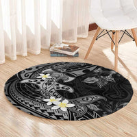 Polynesia Hammerhead Shark Round Carpet Tropical Flowers Tribal Pattern Black LT05 - Polynesian Pride