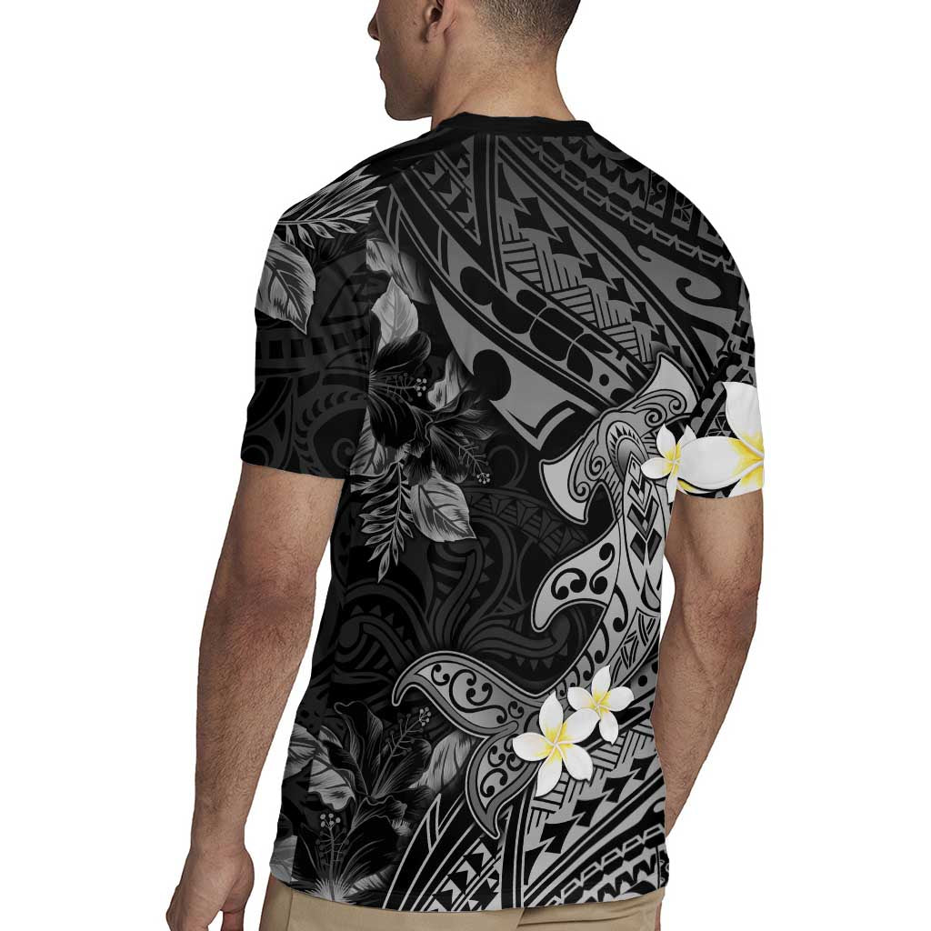 Polynesia Hammerhead Shark Rugby Jersey Tropical Flowers Tribal Pattern Black