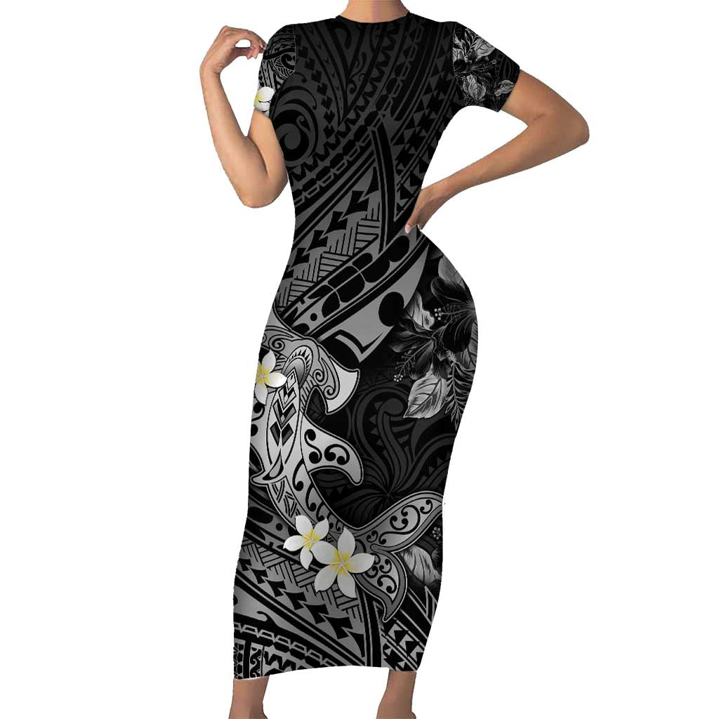 Polynesia Hammerhead Shark Short Sleeve Bodycon Dress Tropical Flowers Tribal Pattern Black LT05 Long Dress Black - Polynesian Pride
