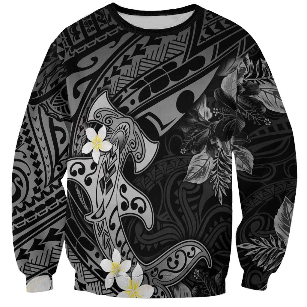 Polynesia Hammerhead Shark Sweatshirt Tropical Flowers Tribal Pattern Black