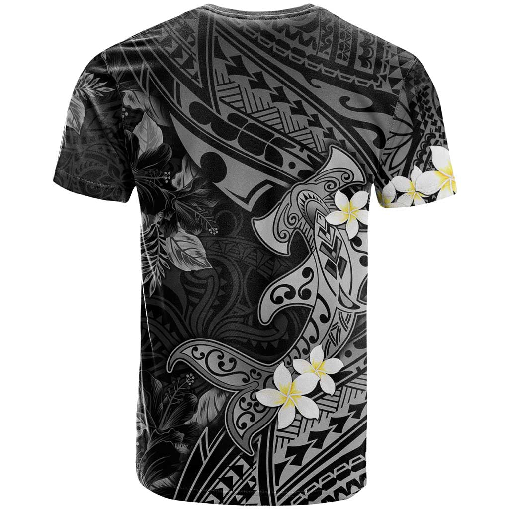 Polynesia Hammerhead Shark T Shirt Tropical Flowers Tribal Pattern Black