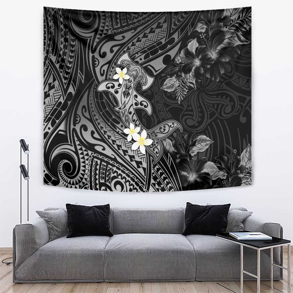Polynesia Hammerhead Shark Tapestry Tropical Flowers Tribal Pattern Black LT05 Black - Polynesian Pride