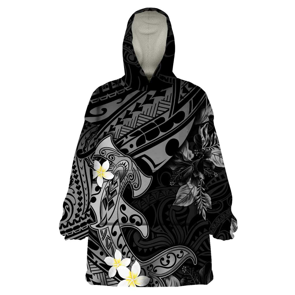 Polynesia Hammerhead Shark Wearable Blanket Hoodie Tropical Flowers Tribal Pattern Black LT05 One Size Black - Polynesian Pride