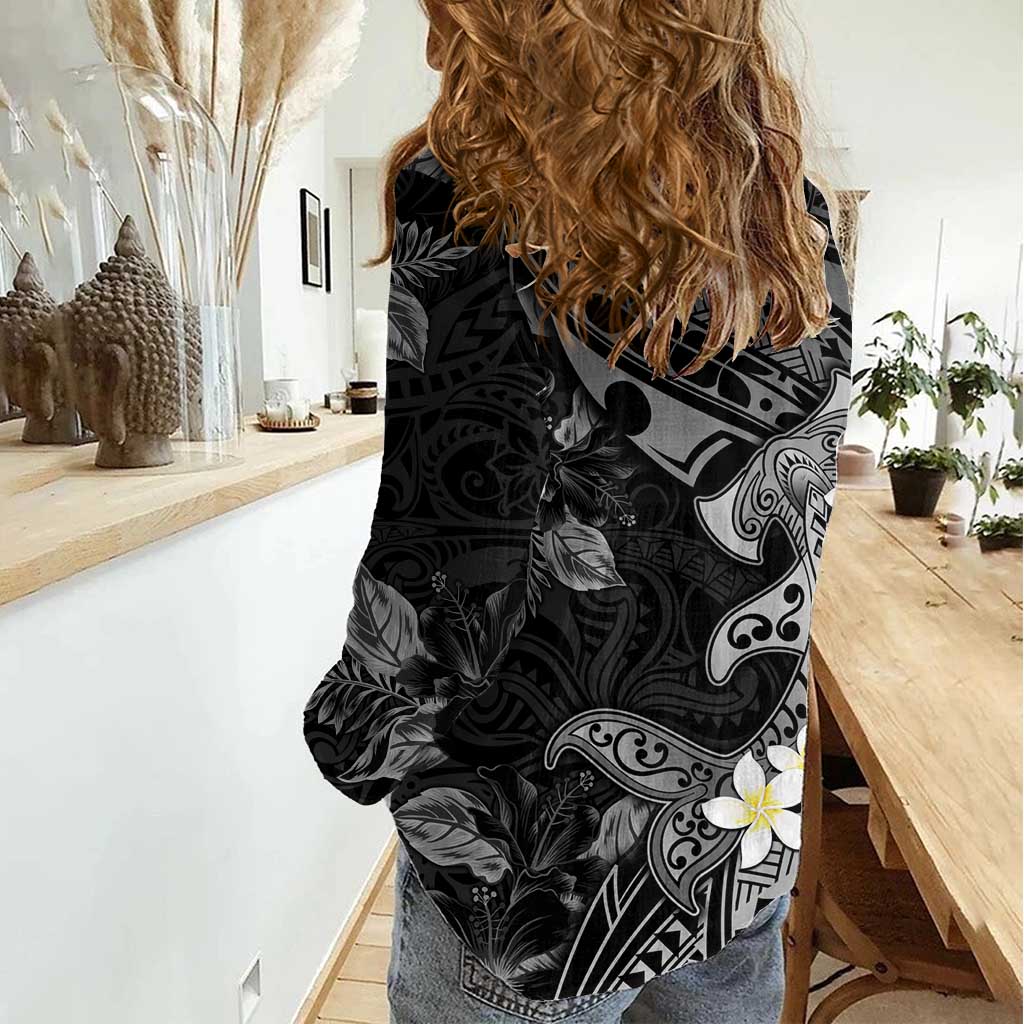 Polynesia Hammerhead Shark Women Casual Shirt Tropical Flowers Tribal Pattern Black
