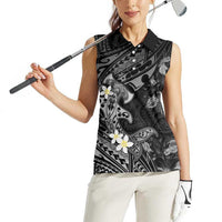 Polynesia Hammerhead Shark Women Sleeveless Polo Shirt Tropical Flowers Tribal Pattern Black