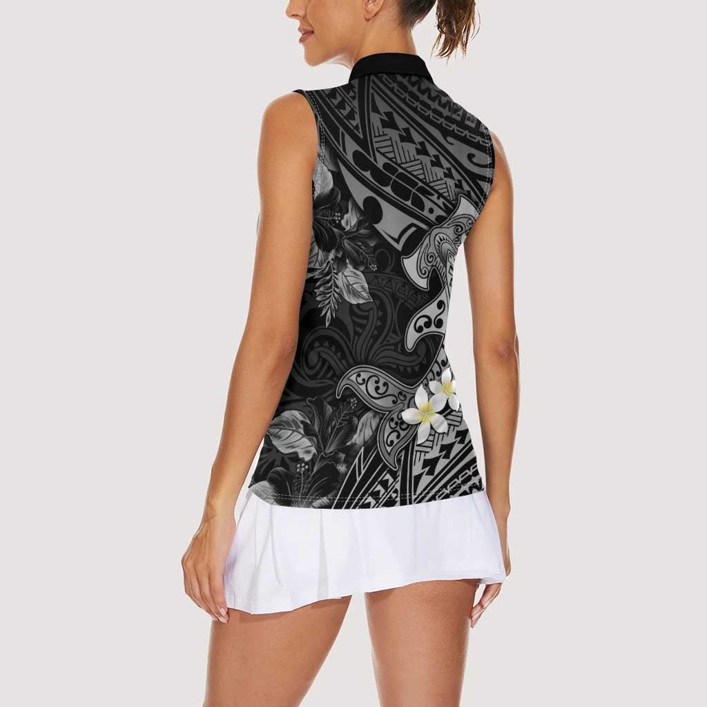 Polynesia Hammerhead Shark Women Sleeveless Polo Shirt Tropical Flowers Tribal Pattern Black