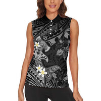 Polynesia Hammerhead Shark Women Sleeveless Polo Shirt Tropical Flowers Tribal Pattern Black