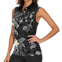 Polynesia Hammerhead Shark Women Sleeveless Polo Shirt Tropical Flowers Tribal Pattern Black