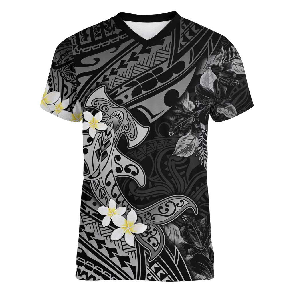 Polynesia Hammerhead Shark Women V-Neck T-Shirt Tropical Flowers Tribal Pattern Black LT05 Female Black - Polynesian Pride
