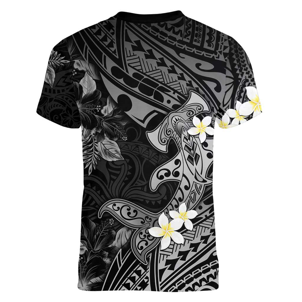 Polynesia Hammerhead Shark Women V-Neck T-Shirt Tropical Flowers Tribal Pattern Black