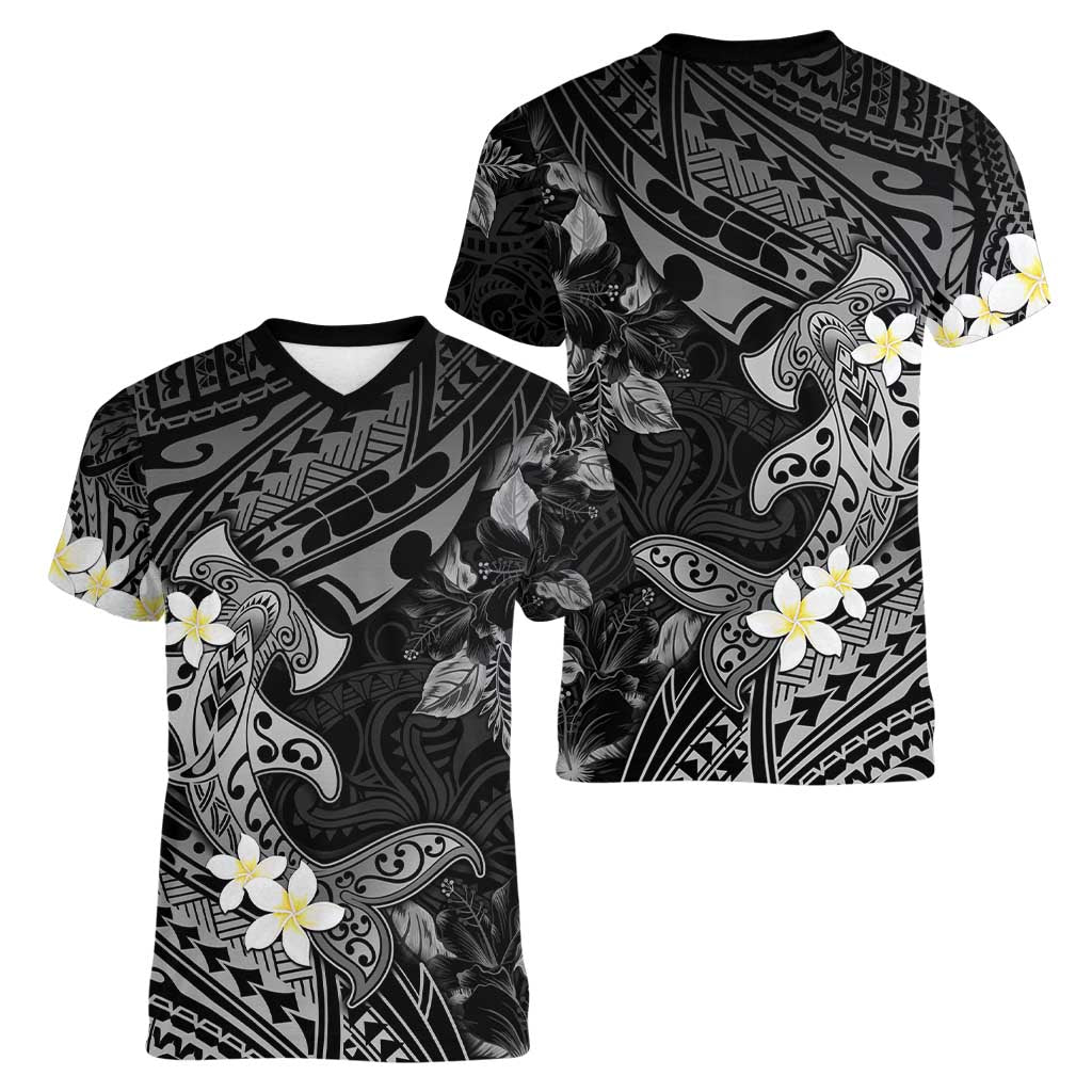 Polynesia Hammerhead Shark Women V-Neck T-Shirt Tropical Flowers Tribal Pattern Black