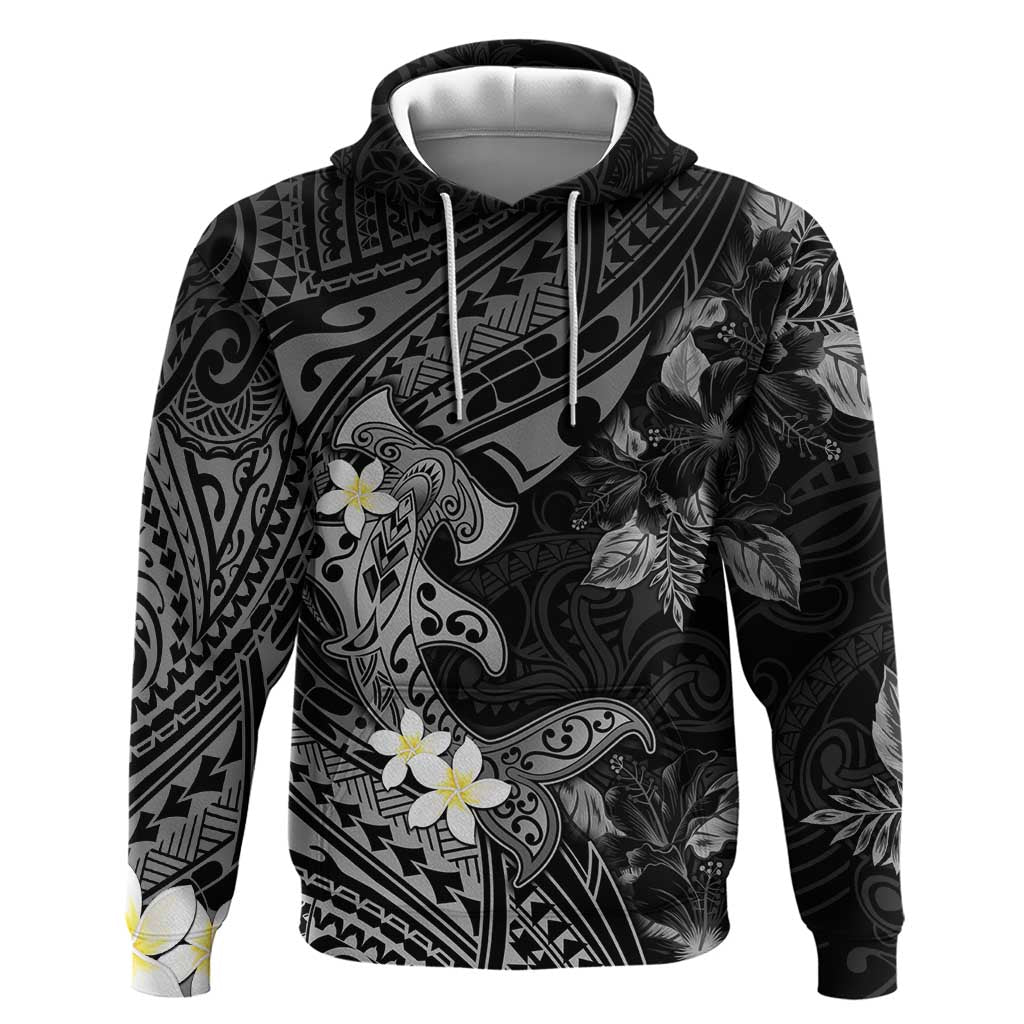 Polynesia Hammerhead Shark Zip Hoodie Tropical Flowers Tribal Pattern Black LT05 Pullover Hoodie Black - Polynesian Pride
