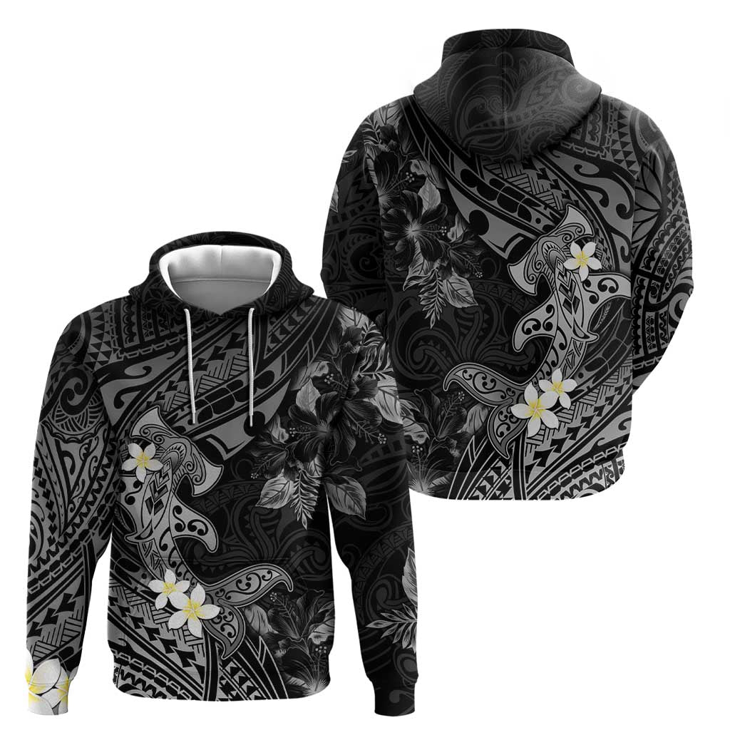 Polynesia Hammerhead Shark Zip Hoodie Tropical Flowers Tribal Pattern Black LT05 - Polynesian Pride