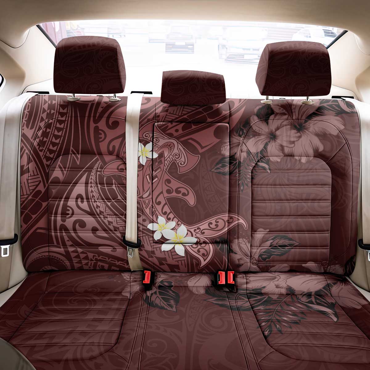 Polynesia Hammerhead Shark Back Car Seat Cover Tropical Flowers Tribal Pattern Oxblood LT05 - Polynesian Pride