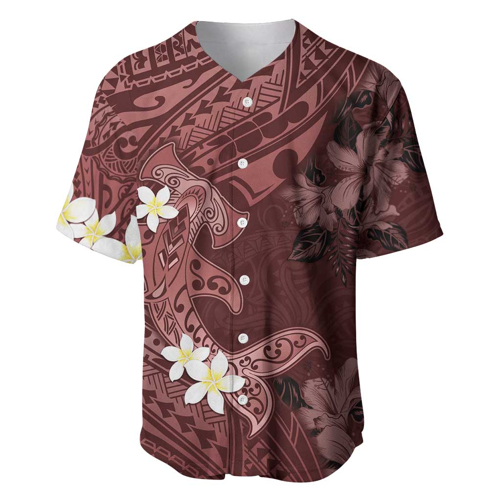 Polynesia Hammerhead Shark Baseball Jersey Tropical Flowers Tribal Pattern Oxblood LT05 Oxblood - Polynesian Pride