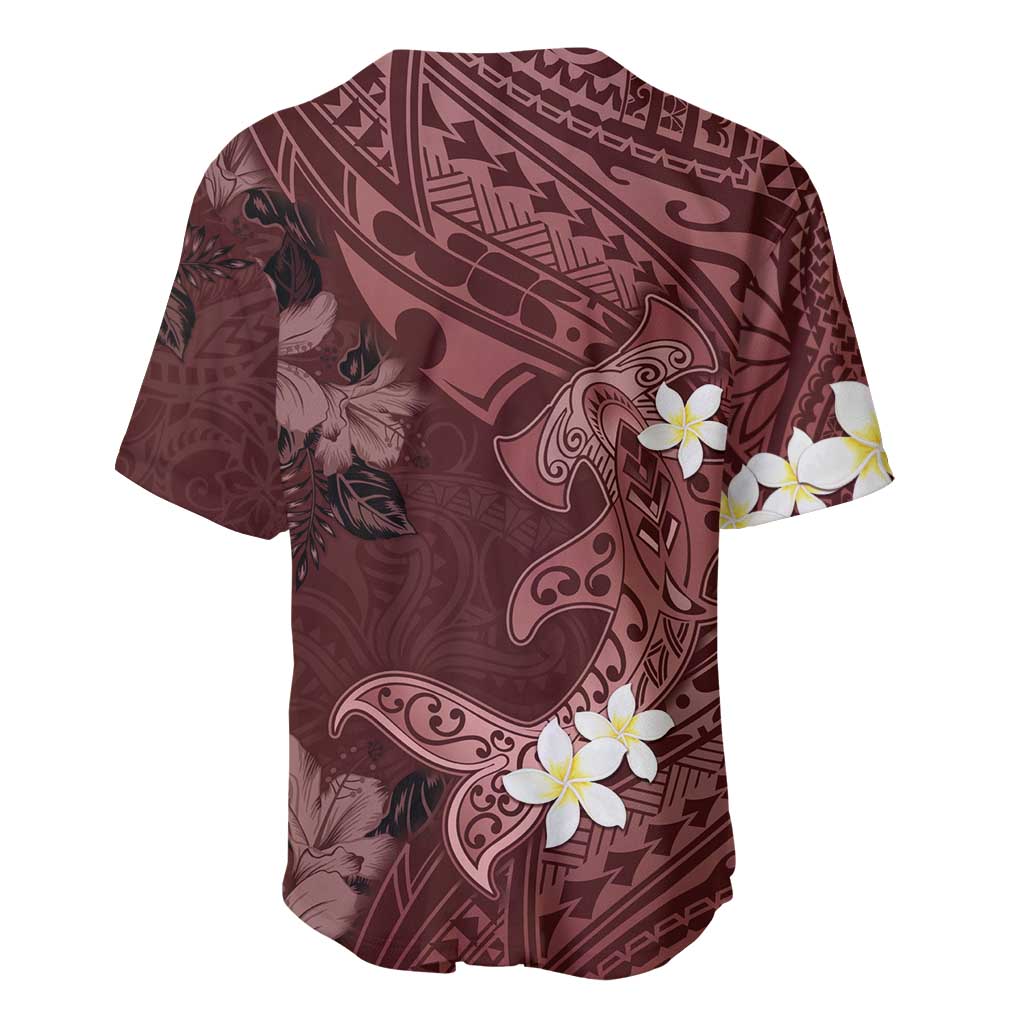 Polynesia Hammerhead Shark Baseball Jersey Tropical Flowers Tribal Pattern Oxblood LT05 - Polynesian Pride