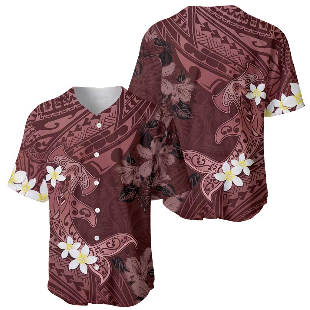 Polynesia Hammerhead Shark Baseball Jersey Tropical Flowers Tribal Pattern Oxblood LT05 - Polynesian Pride