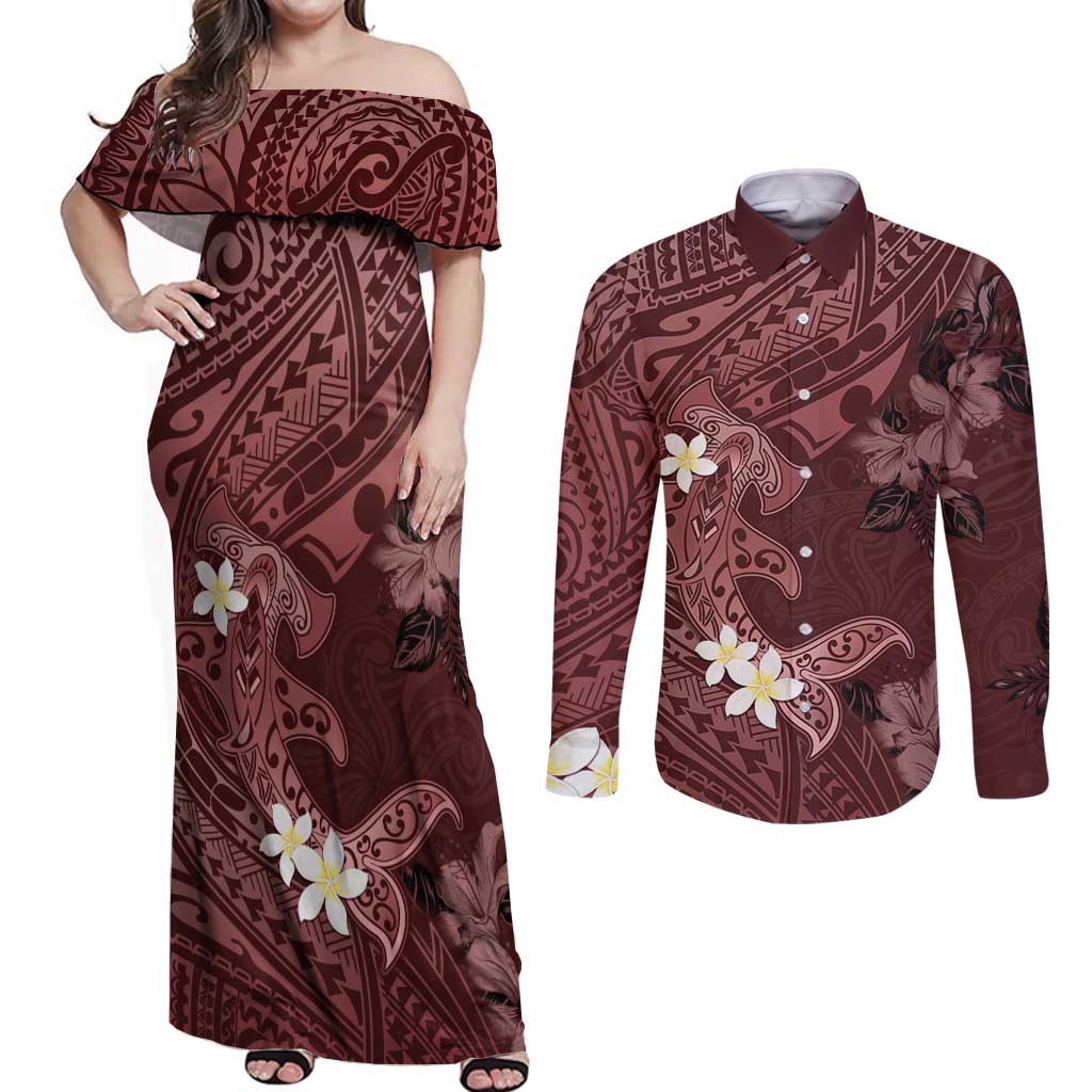 Polynesia Hammerhead Shark Couples Matching Off Shoulder Maxi Dress and Long Sleeve Button Shirt Tropical Flowers Tribal Pattern Oxblood LT05 Oxblood - Polynesian Pride