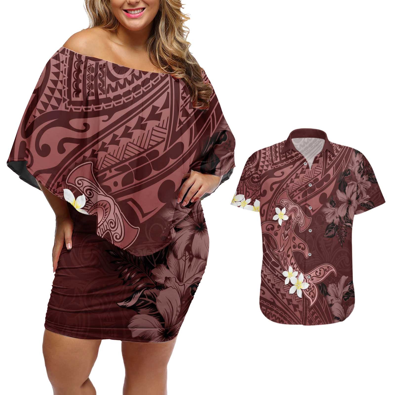Polynesia Hammerhead Shark Couples Matching Off Shoulder Short Dress and Hawaiian Shirt Tropical Flowers Tribal Pattern Oxblood LT05 Oxblood - Polynesian Pride