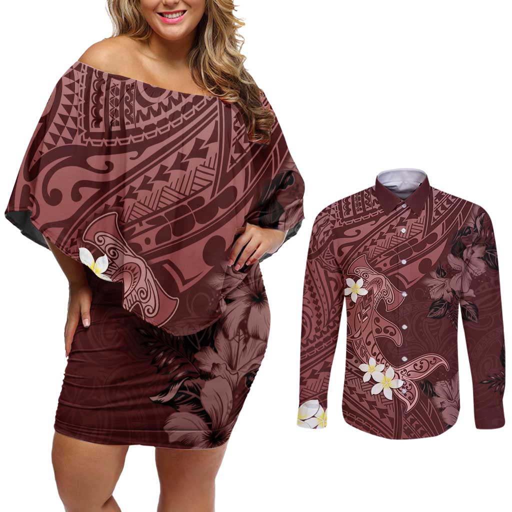 Polynesia Hammerhead Shark Couples Matching Off Shoulder Short Dress and Long Sleeve Button Shirt Tropical Flowers Tribal Pattern Oxblood LT05 Oxblood - Polynesian Pride