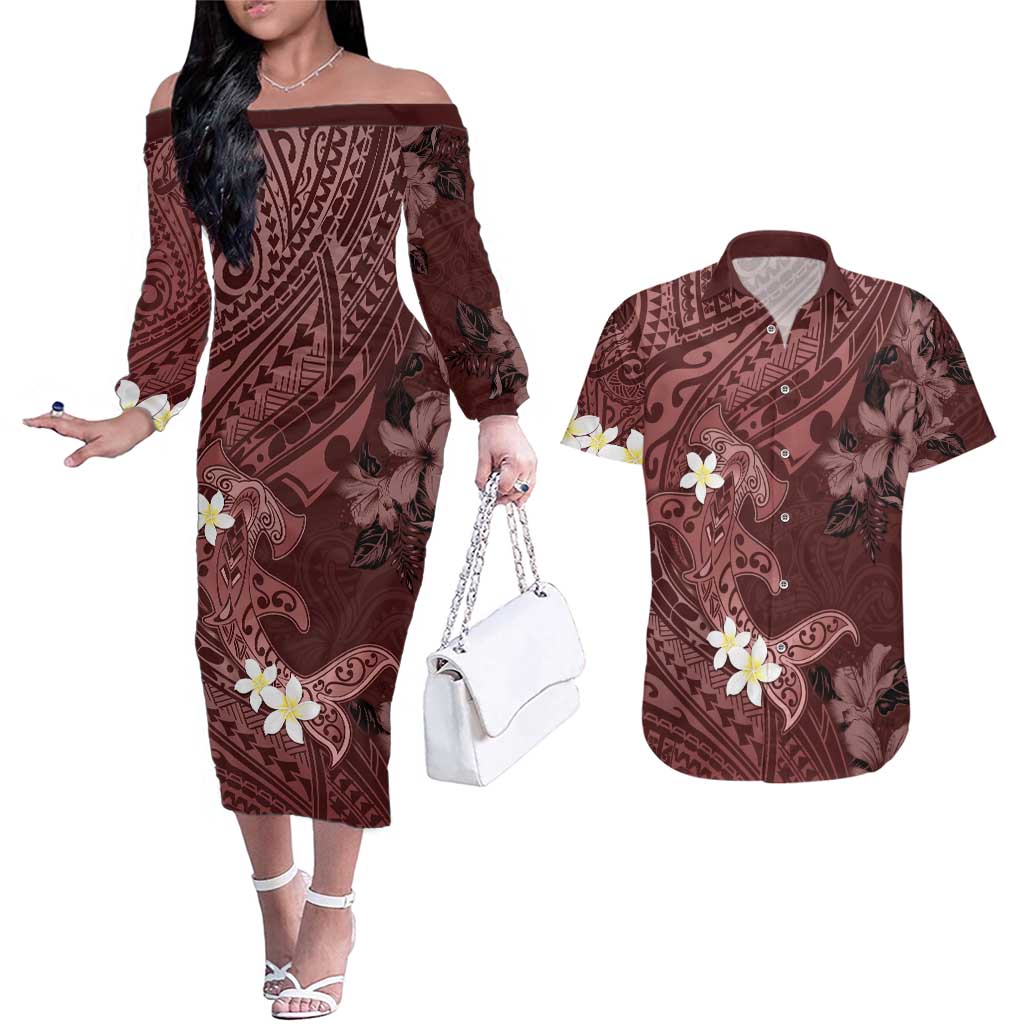 Polynesia Hammerhead Shark Couples Matching Off The Shoulder Long Sleeve Dress and Hawaiian Shirt Tropical Flowers Tribal Pattern Oxblood LT05 Oxblood - Polynesian Pride