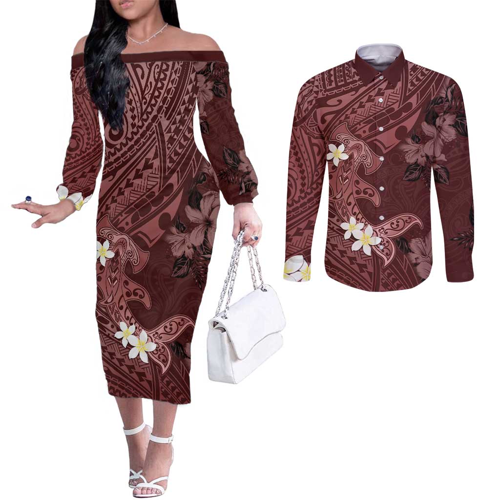 Polynesia Hammerhead Shark Couples Matching Off The Shoulder Long Sleeve Dress and Long Sleeve Button Shirt Tropical Flowers Tribal Pattern Oxblood LT05 Oxblood - Polynesian Pride