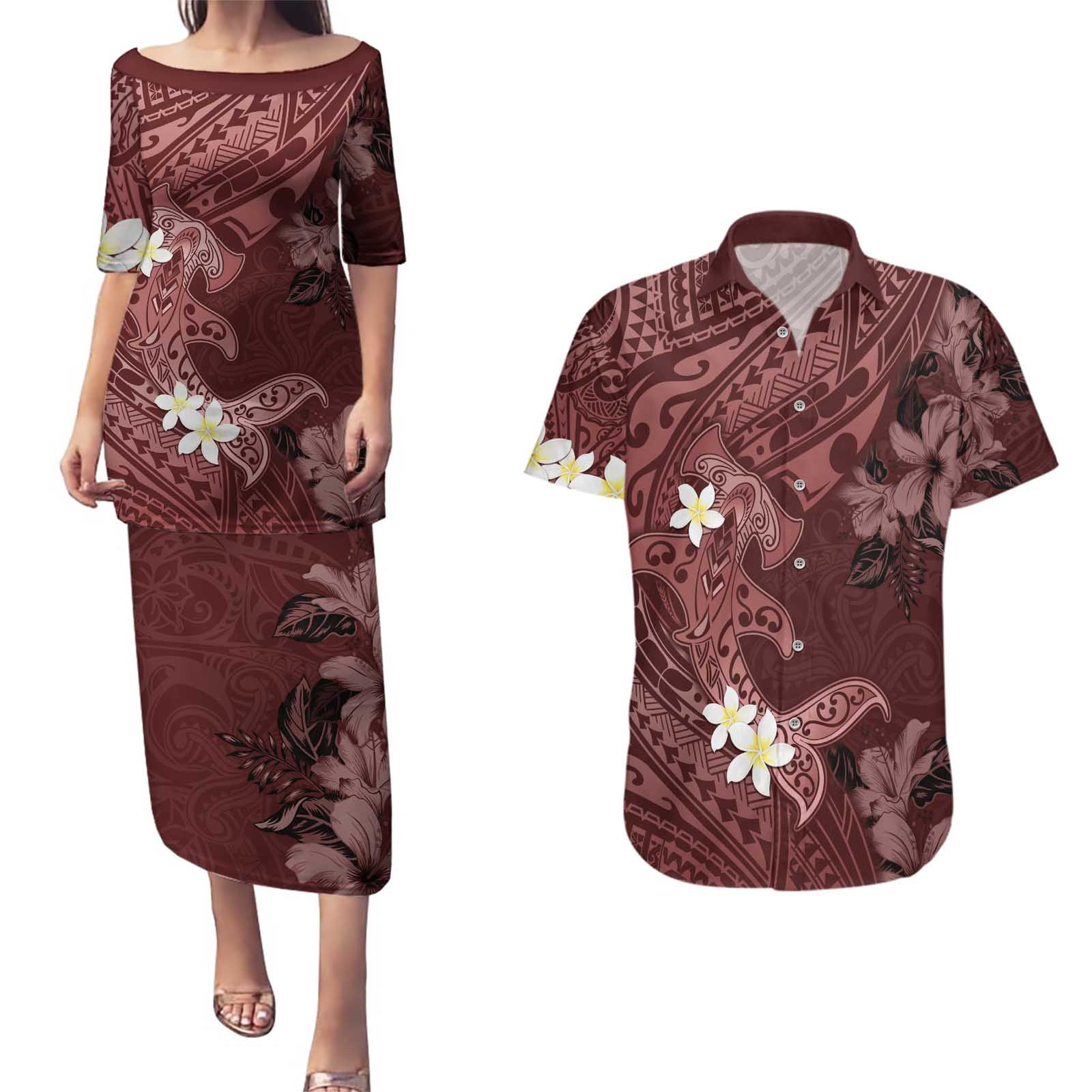 Polynesia Hammerhead Shark Couples Matching Puletasi and Hawaiian Shirt Tropical Flowers Tribal Pattern Oxblood LT05 Oxblood - Polynesian Pride