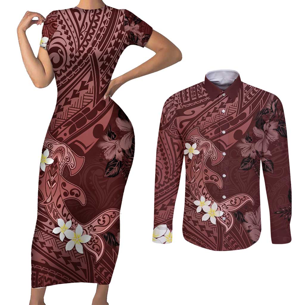 Polynesia Hammerhead Shark Couples Matching Short Sleeve Bodycon Dress and Long Sleeve Button Shirt Tropical Flowers Tribal Pattern Oxblood LT05 Oxblood - Polynesian Pride