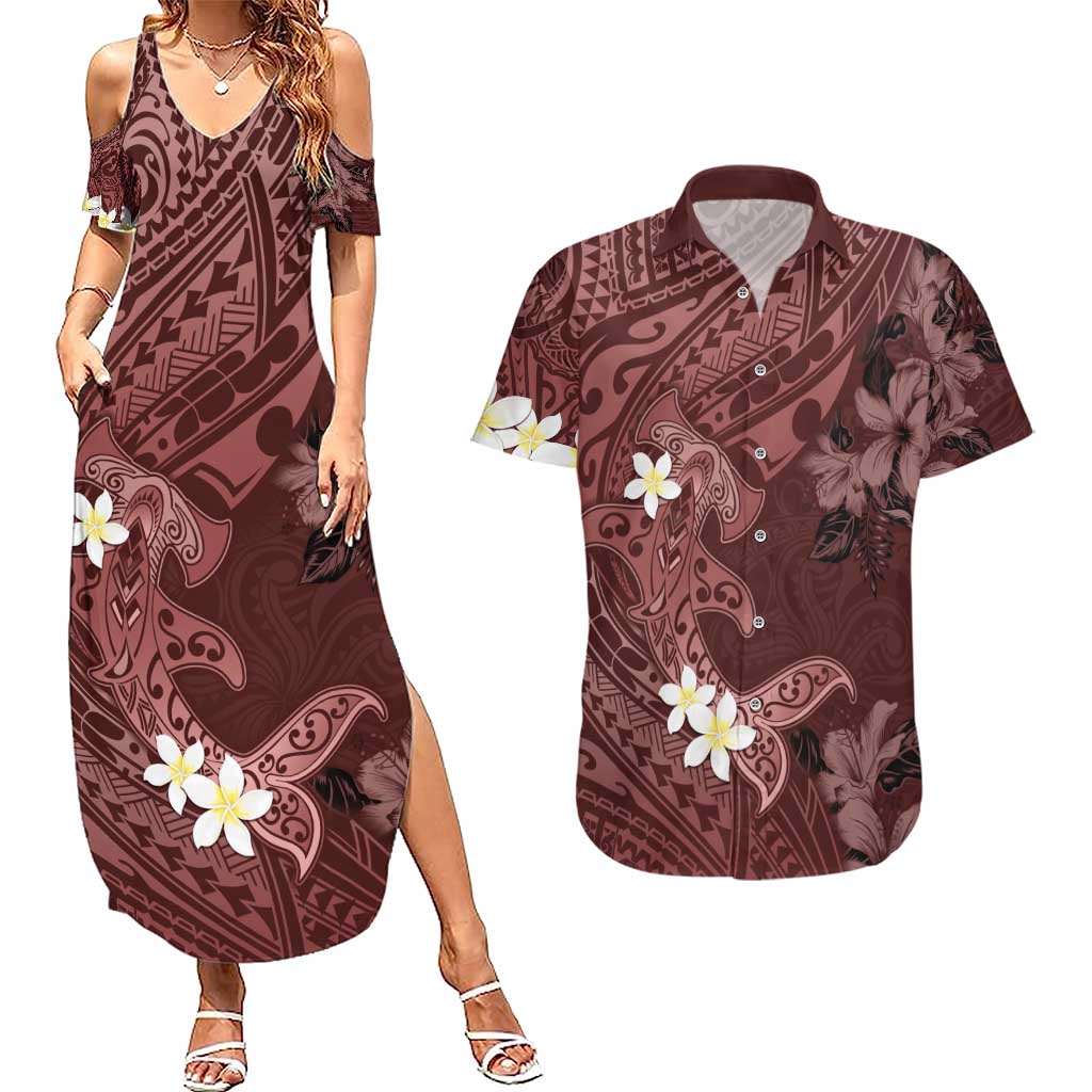 Polynesia Hammerhead Shark Couples Matching Summer Maxi Dress and Hawaiian Shirt Tropical Flowers Tribal Pattern Oxblood LT05 Oxblood - Polynesian Pride