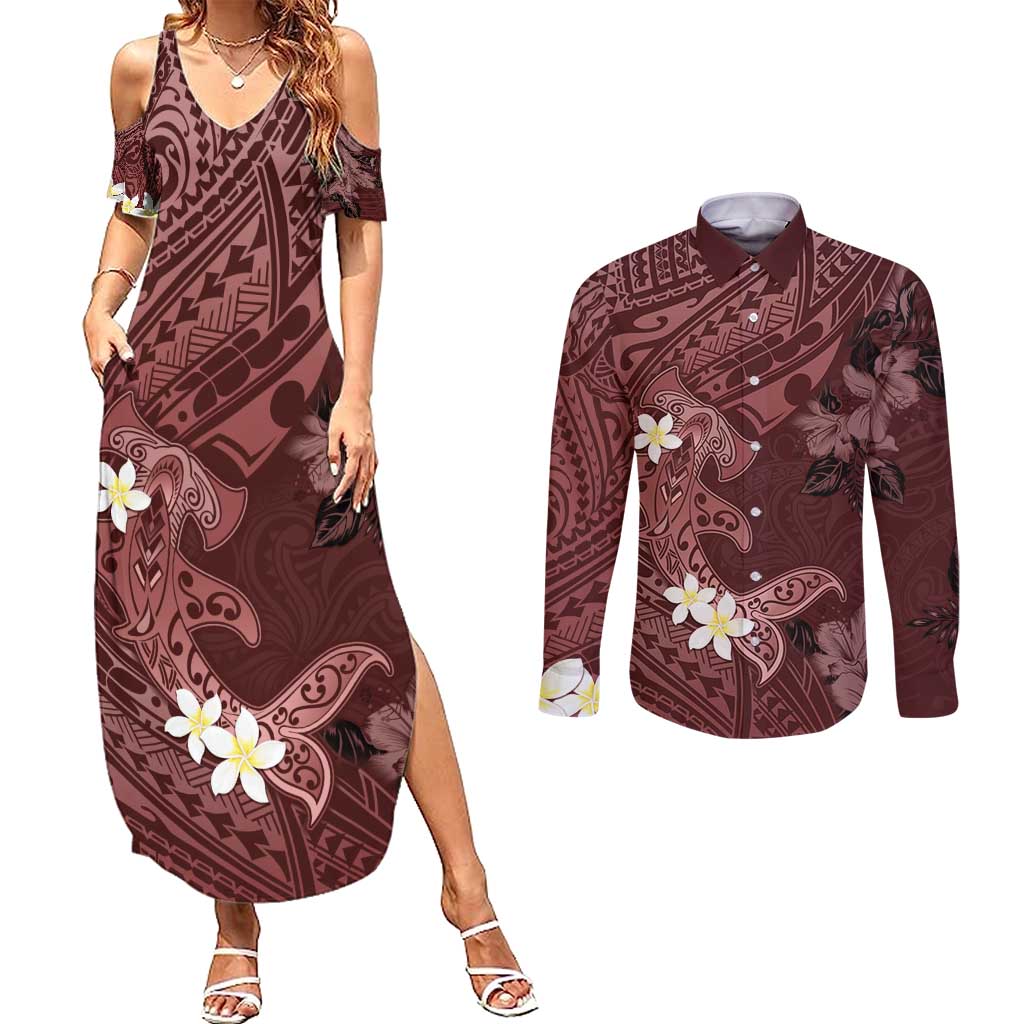 Polynesia Hammerhead Shark Couples Matching Summer Maxi Dress and Long Sleeve Button Shirt Tropical Flowers Tribal Pattern Oxblood LT05 Oxblood - Polynesian Pride