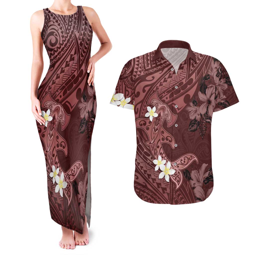 Polynesia Hammerhead Shark Couples Matching Tank Maxi Dress and Hawaiian Shirt Tropical Flowers Tribal Pattern Oxblood LT05 Oxblood - Polynesian Pride