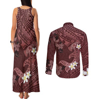 Polynesia Hammerhead Shark Couples Matching Tank Maxi Dress and Long Sleeve Button Shirt Tropical Flowers Tribal Pattern Oxblood