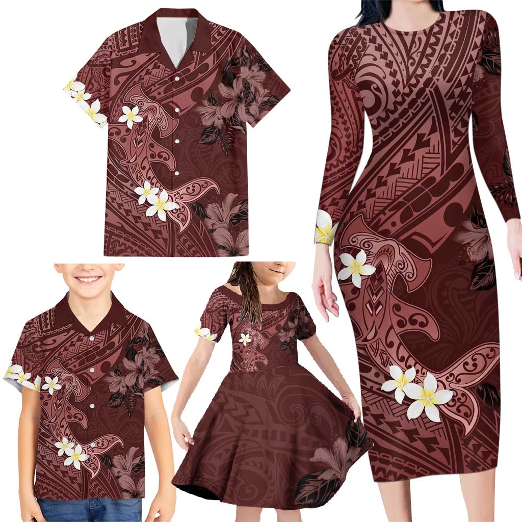 Polynesia Hammerhead Shark Family Matching Long Sleeve Bodycon Dress and Hawaiian Shirt Tropical Flowers Tribal Pattern Oxblood LT05 - Polynesian Pride