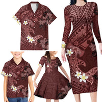 Polynesia Hammerhead Shark Family Matching Long Sleeve Bodycon Dress and Hawaiian Shirt Tropical Flowers Tribal Pattern Oxblood LT05 - Polynesian Pride