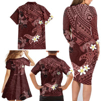 Polynesia Hammerhead Shark Family Matching Long Sleeve Bodycon Dress and Hawaiian Shirt Tropical Flowers Tribal Pattern Oxblood LT05 - Polynesian Pride