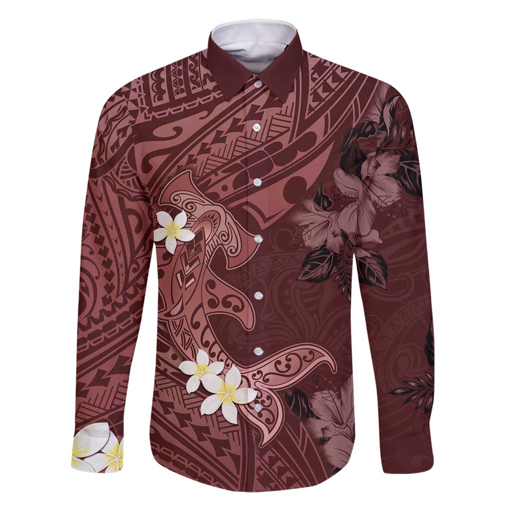 Polynesia Hammerhead Shark Family Matching Long Sleeve Bodycon Dress and Hawaiian Shirt Tropical Flowers Tribal Pattern Oxblood LT05 Dad's Shirt - Long Sleeve Oxblood - Polynesian Pride