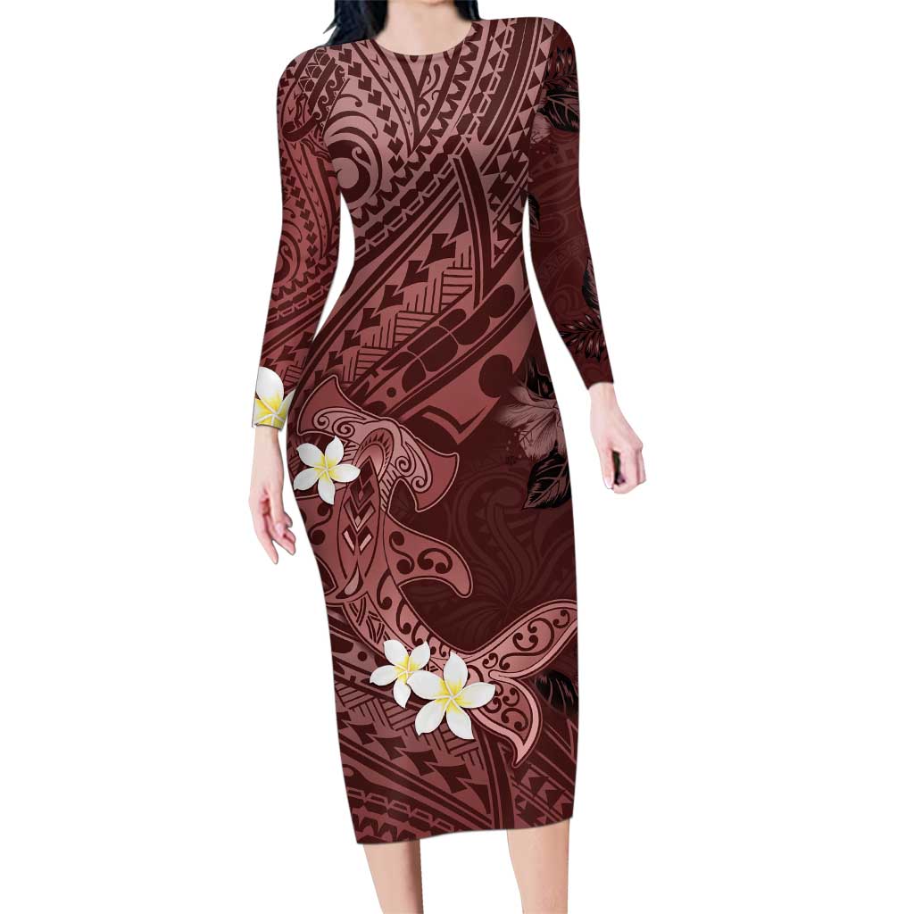 Polynesia Hammerhead Shark Family Matching Long Sleeve Bodycon Dress and Hawaiian Shirt Tropical Flowers Tribal Pattern Oxblood LT05 Mom's Dress Oxblood - Polynesian Pride
