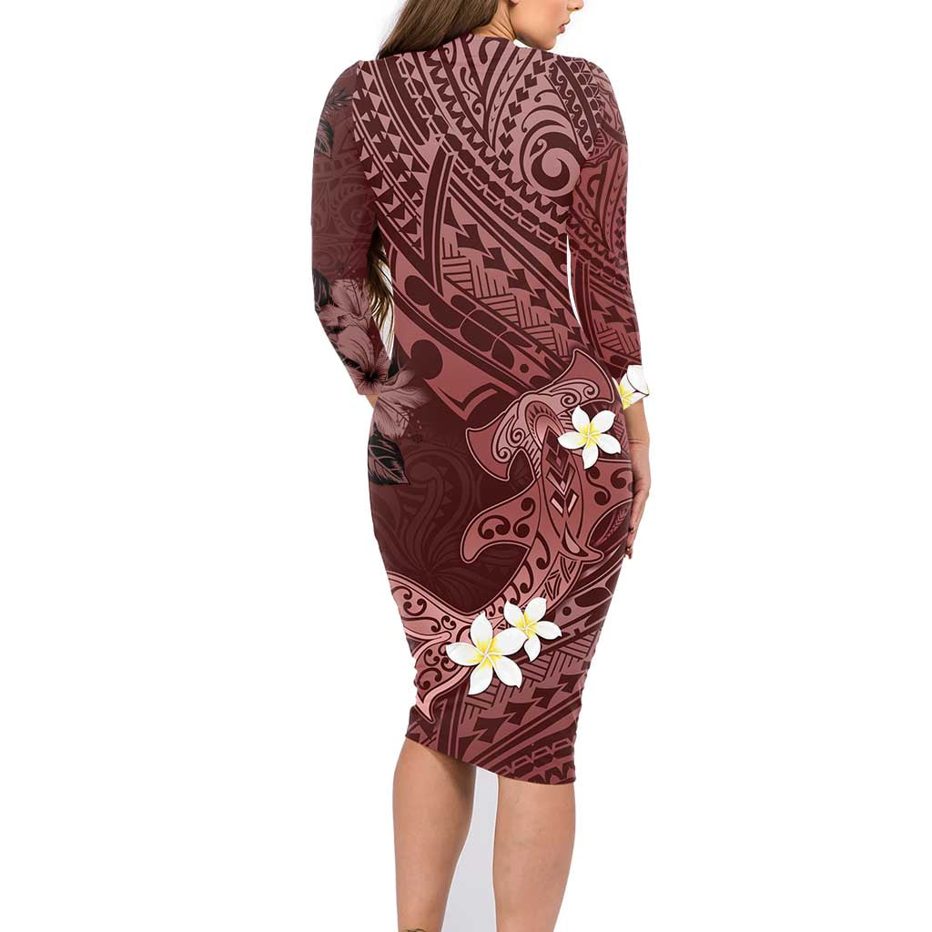 Polynesia Hammerhead Shark Family Matching Long Sleeve Bodycon Dress and Hawaiian Shirt Tropical Flowers Tribal Pattern Oxblood LT05 - Polynesian Pride