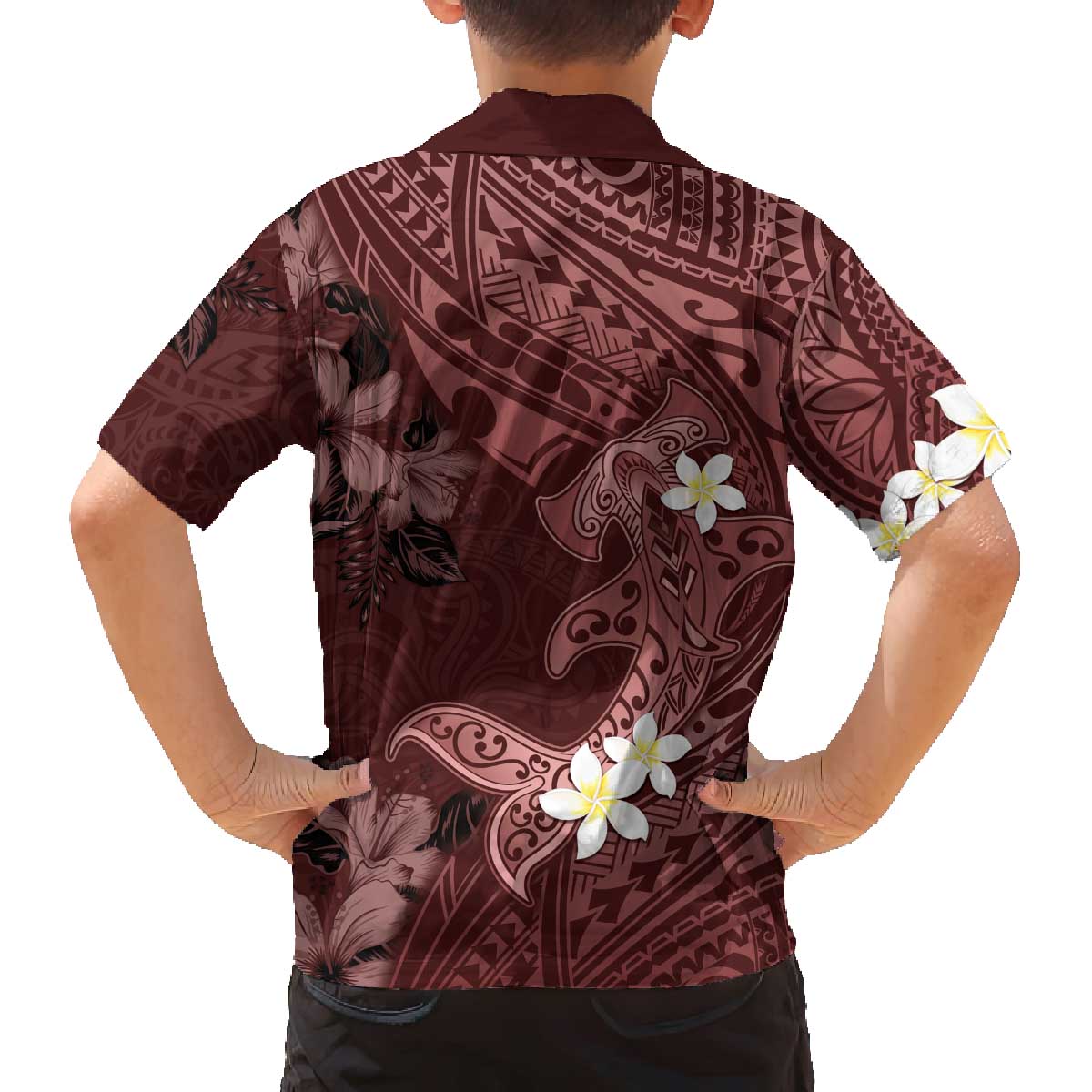 Polynesia Hammerhead Shark Family Matching Off Shoulder Short Dress and Hawaiian Shirt Tropical Flowers Tribal Pattern Oxblood LT05 - Polynesian Pride