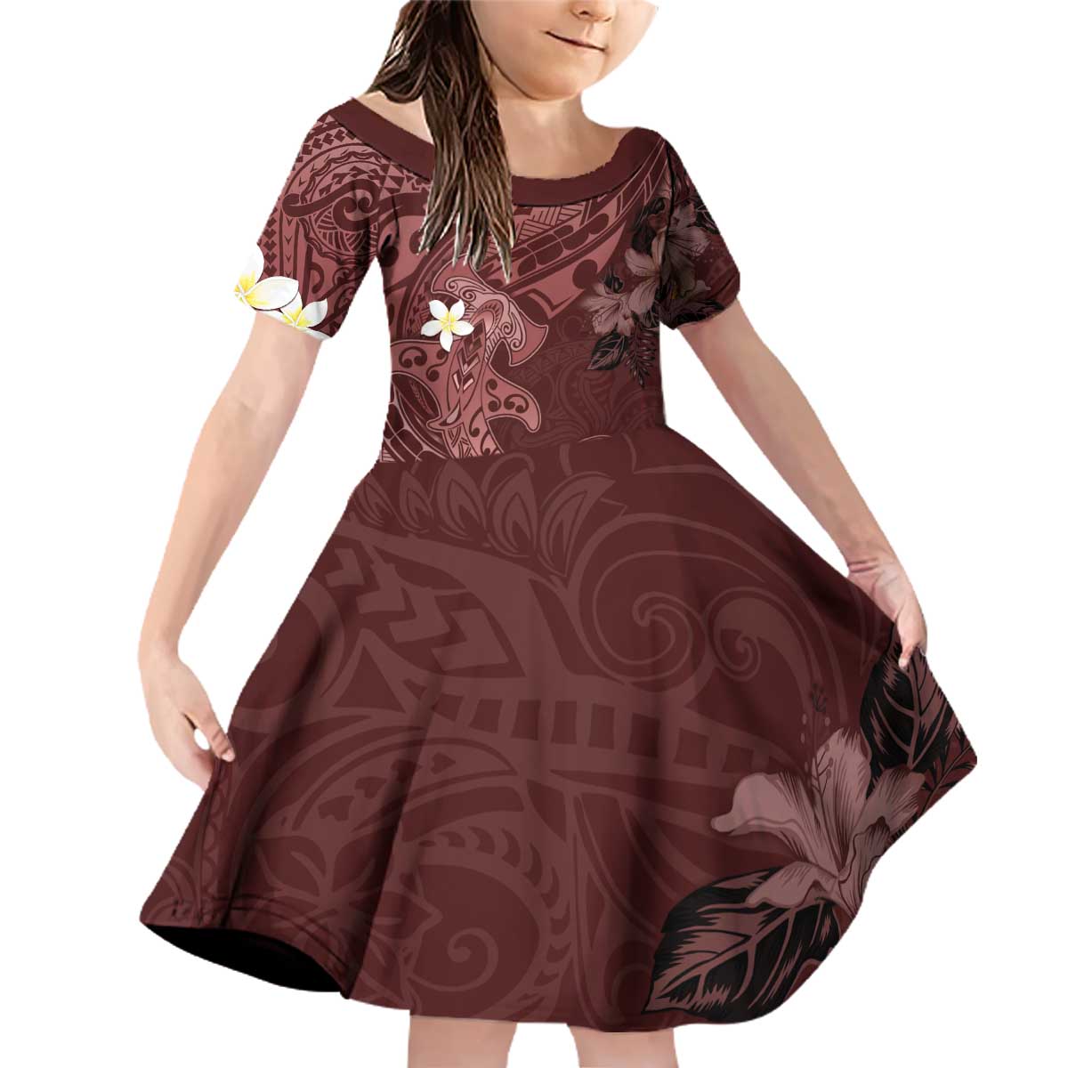 Polynesia Hammerhead Shark Family Matching Off Shoulder Short Dress and Hawaiian Shirt Tropical Flowers Tribal Pattern Oxblood LT05 Daughter's Dress Oxblood - Polynesian Pride