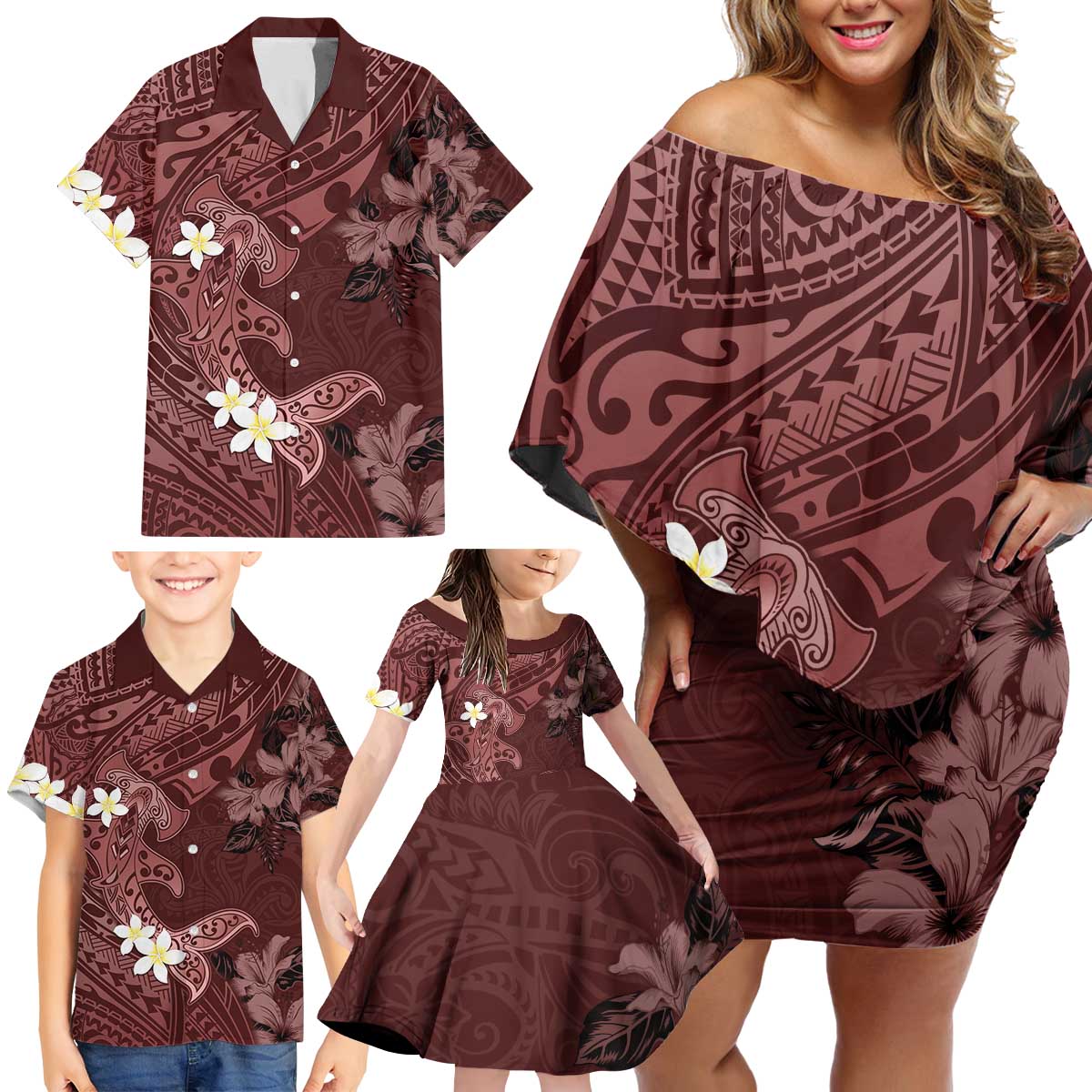 Polynesia Hammerhead Shark Family Matching Off Shoulder Short Dress and Hawaiian Shirt Tropical Flowers Tribal Pattern Oxblood LT05 - Polynesian Pride
