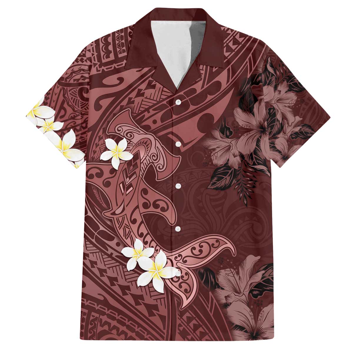 Polynesia Hammerhead Shark Family Matching Off Shoulder Short Dress and Hawaiian Shirt Tropical Flowers Tribal Pattern Oxblood LT05 Dad's Shirt - Short Sleeve Oxblood - Polynesian Pride